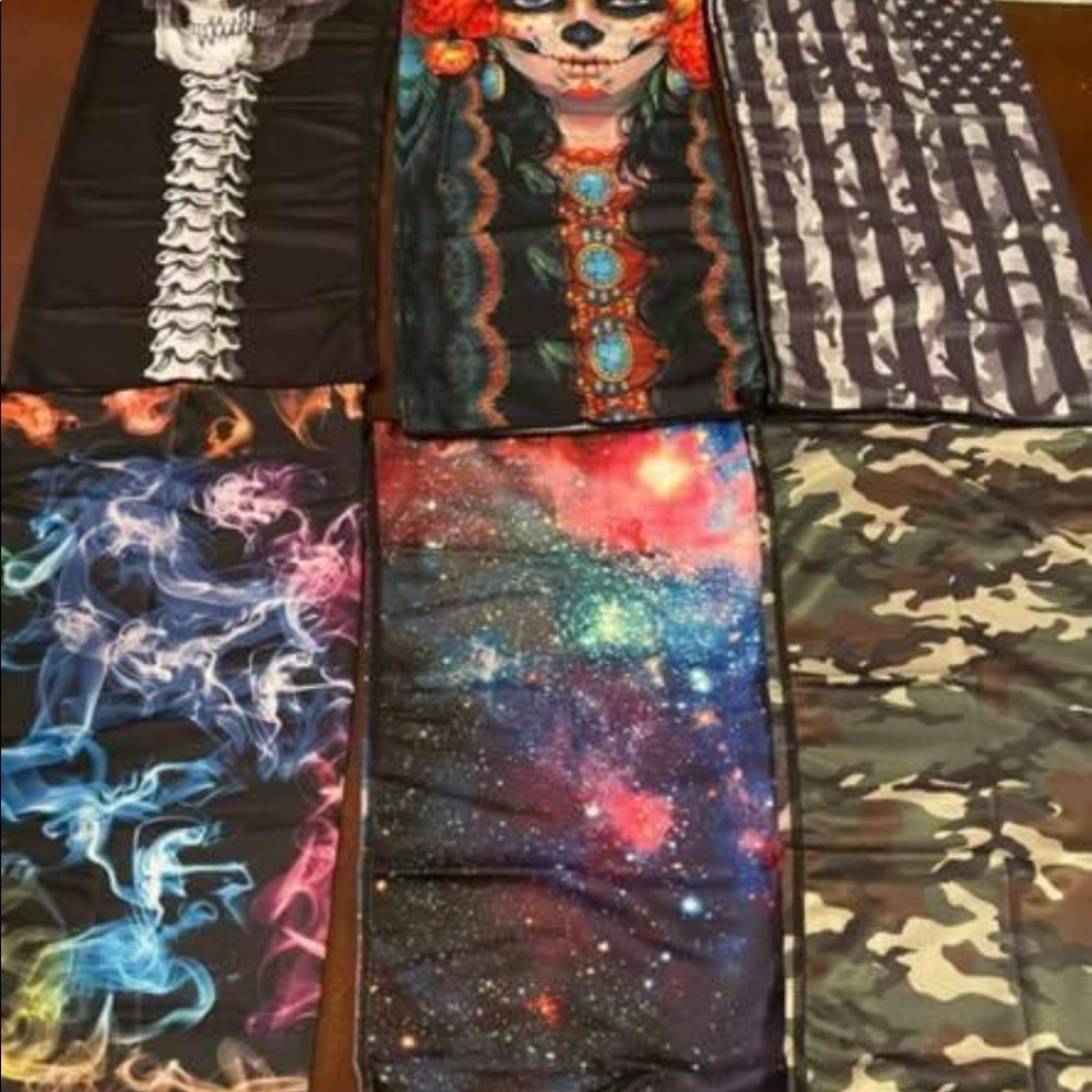 6 head bands, face covering bandanas all $8 dls